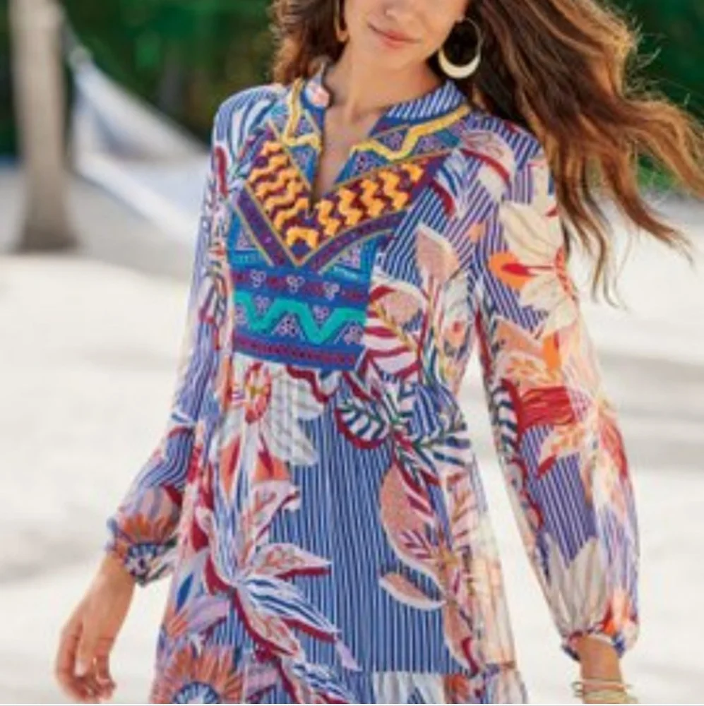 Soft Surroundings Tory Tunic Boho Floral Stripe Print Top Tassel Sheer Sz Large - Picture 15 of 15